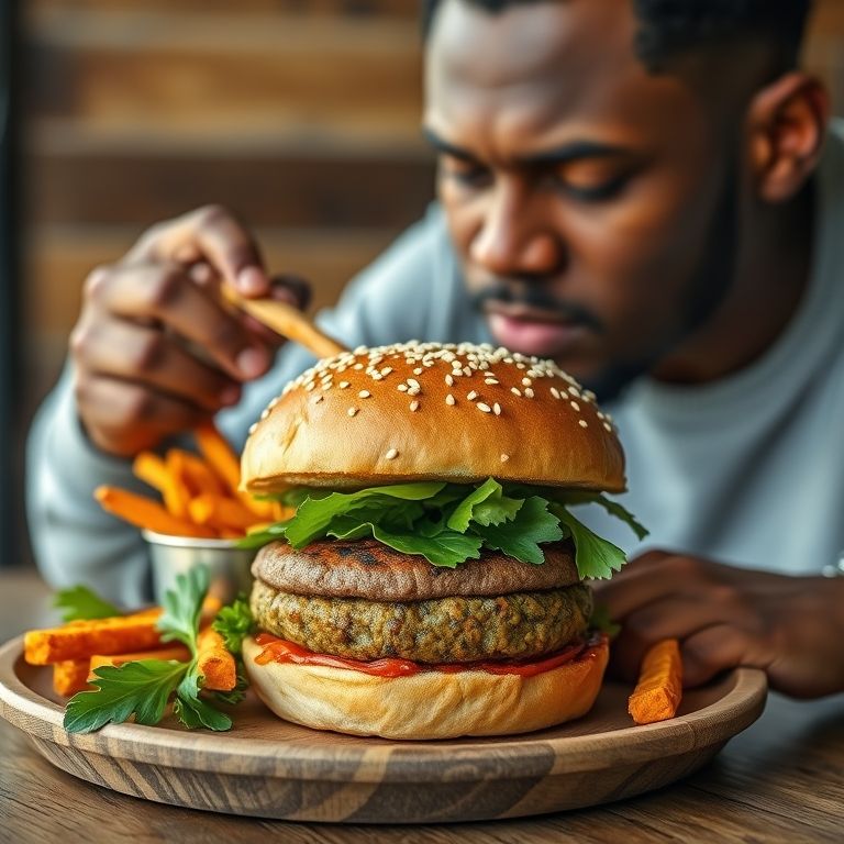 Hambúrguer vegetariano de lentilha verde servido com batata doce frita.