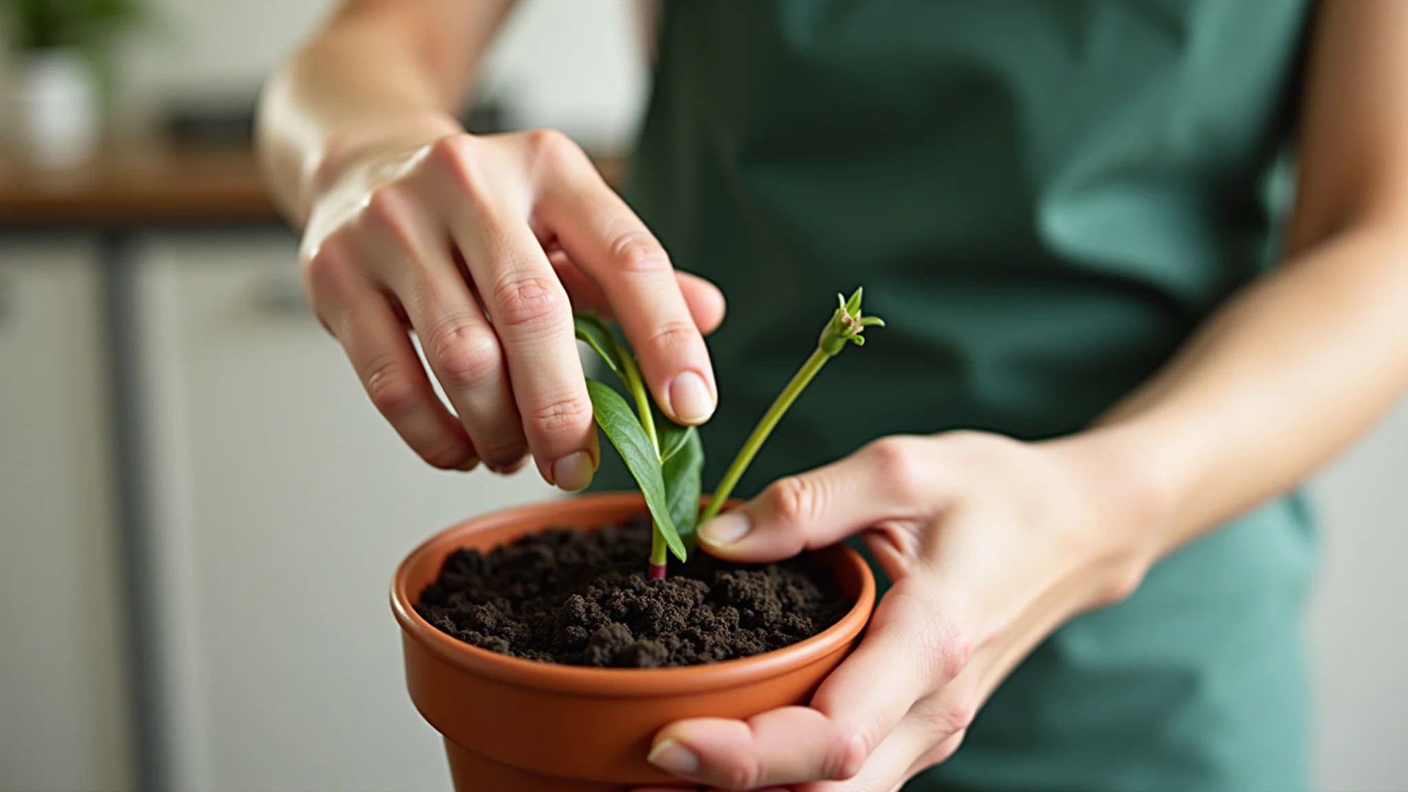 Mãos colocando cuidadosamente uma flor em um novo vaso com terra fresca.