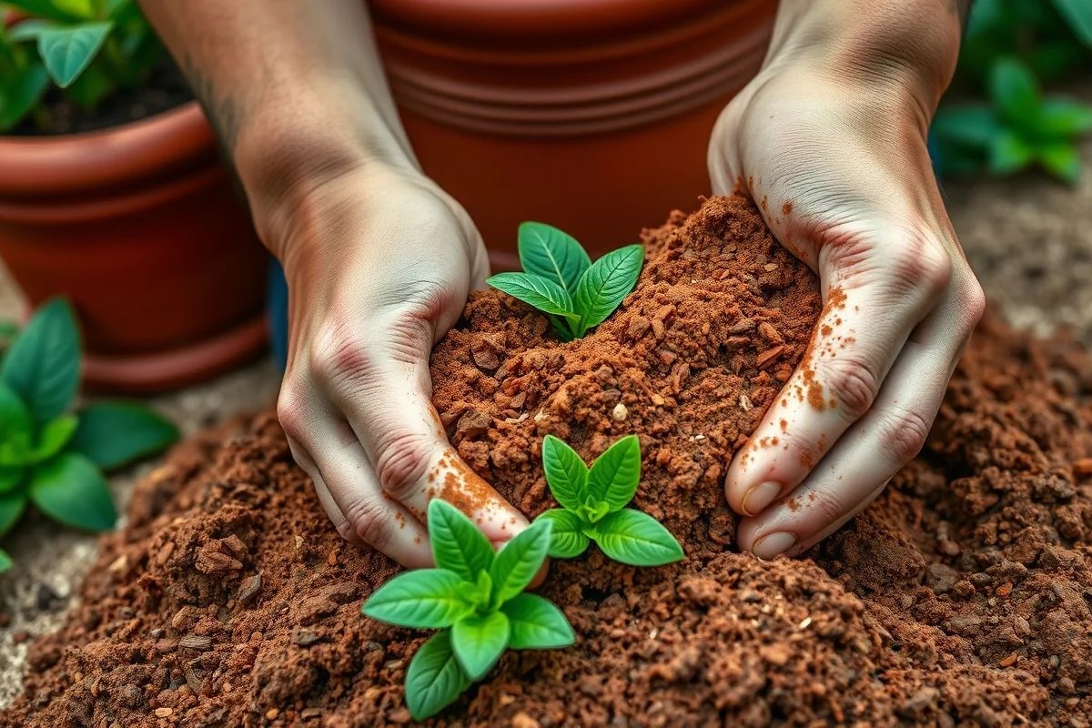 Mãos misturando terra vegetal, composto orgânico e areia para plantar erva cidreira.