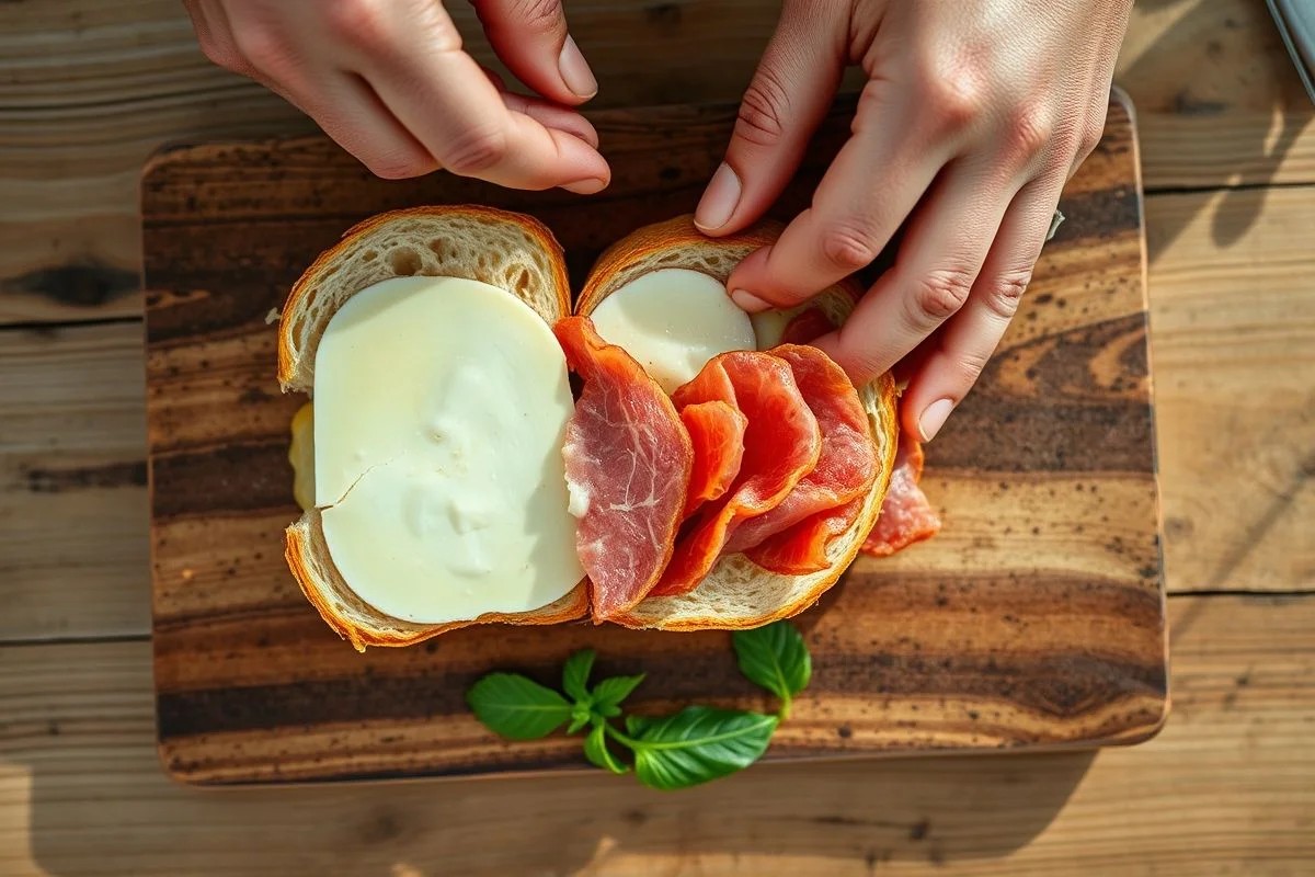 Mãos preparando misto quente com ingredientes frescos