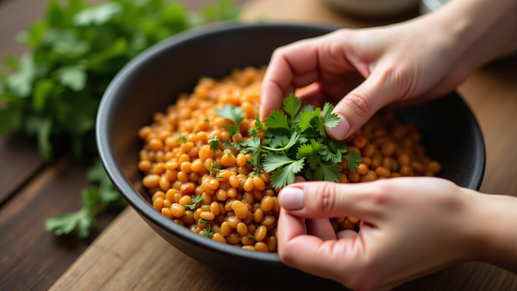 Hands seasoning lentil dish with fresh herbs (parsley, cilantro), close-up, natural light, 8K, Mãos temperando lentilha com ervas frescas e especiarias brasileiras.