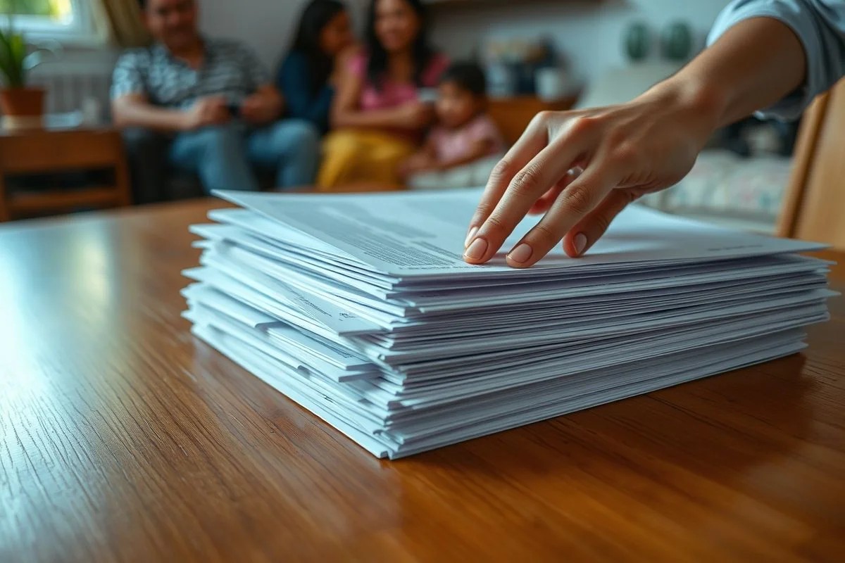 Mãos organizando documentos em pastas etiquetadas em mesa de madeira.
