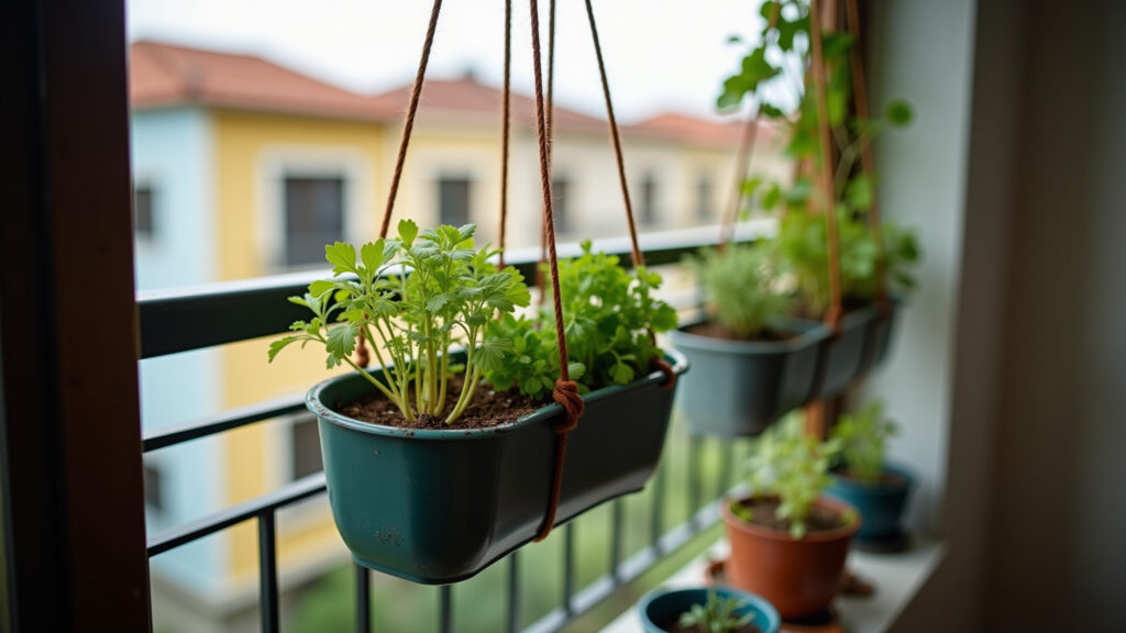 Hanging raised garden, herbs on balcony, natural light, Brazilian apartment, lifestyle photography, Horta elevada suspensa com ervas aromáticas em varanda de apartamento.