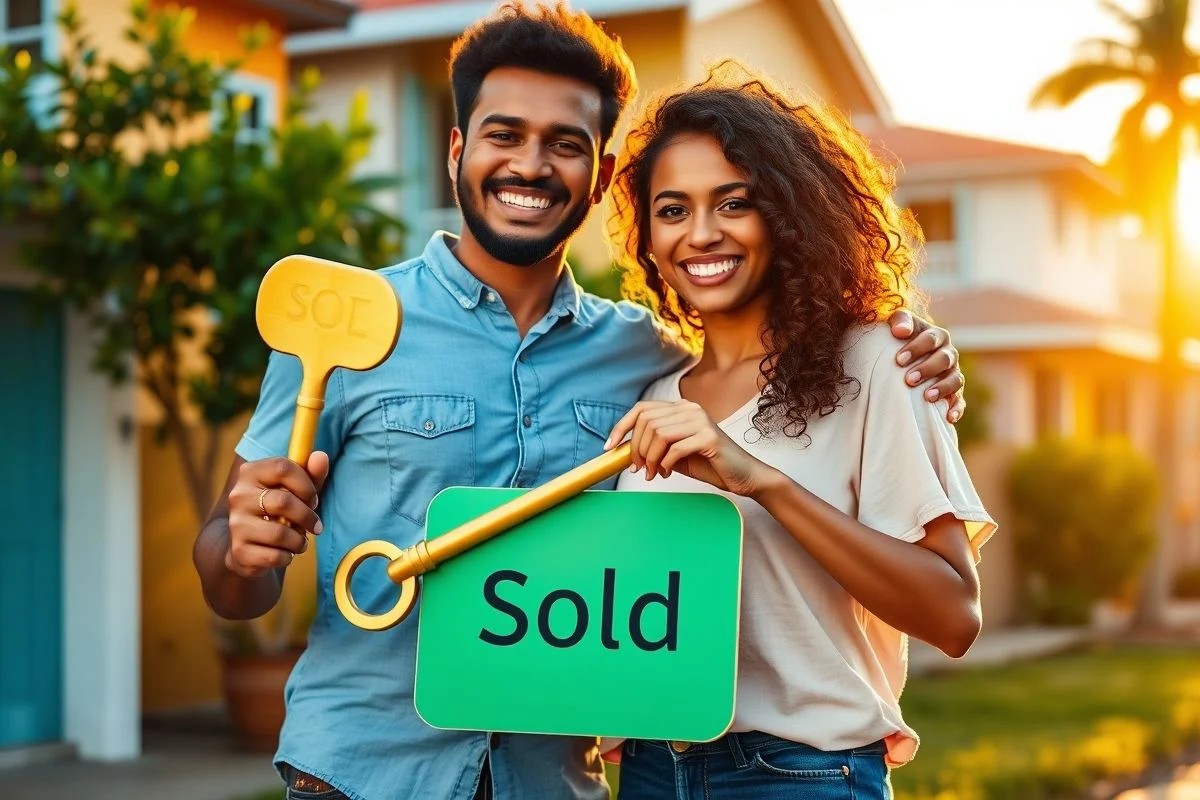 Casal brasileiro feliz celebrando a compra do primeiro imóvel com chave e placa de
