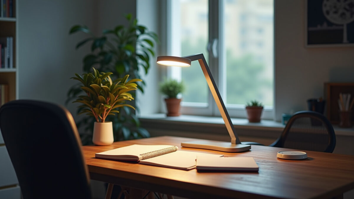Home office with desk lamp, bright, inspiring, modern design, professional photography, 8K quality, Escritório com luminária de mesa e design moderno.