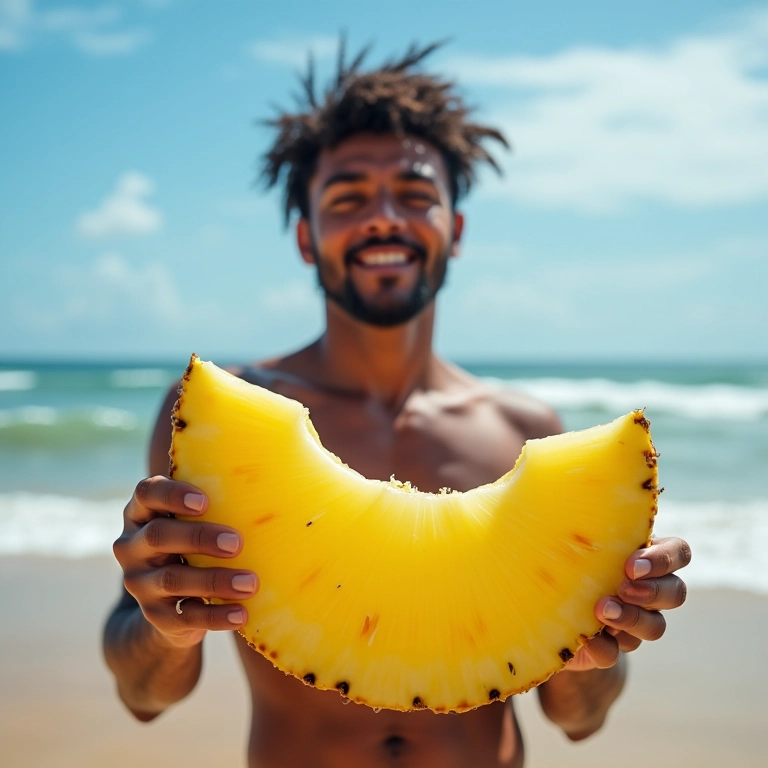 Homem brasileiro aproveitando fatia de abacaxi na praia, estilo de vida saudável e testosterona.