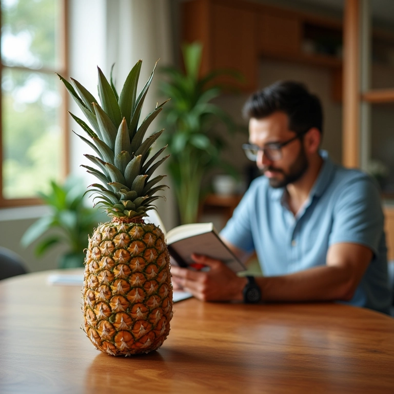 Homem em apartamento brasileiro lendo sobre saúde da próstata, com abacaxi na mesa.