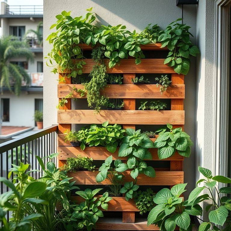 Horta vertical feita com paletes de madeira em uma sacada brasileira.