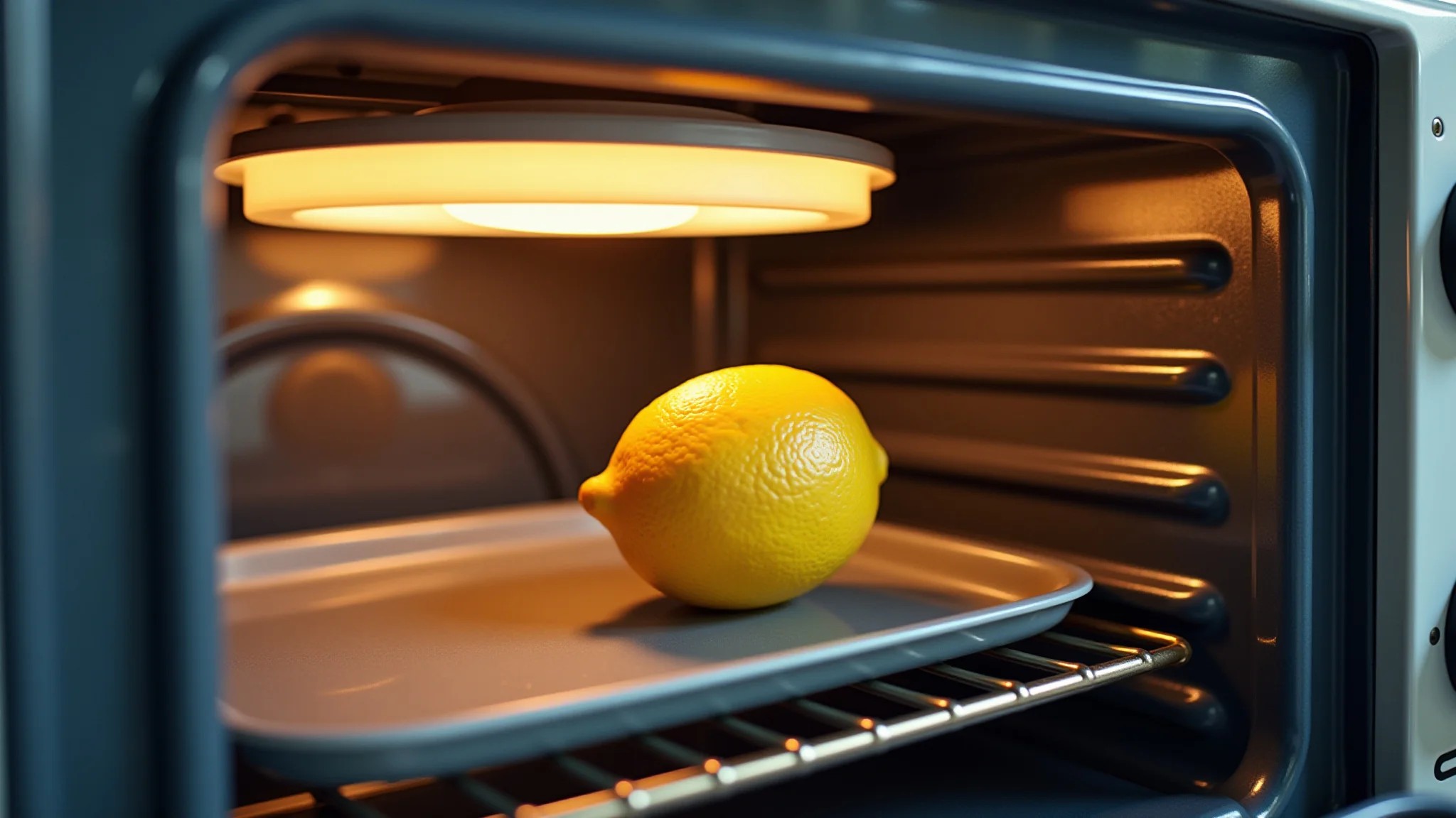 Forno elétrico limpo com um limão dentro, iluminação natural.