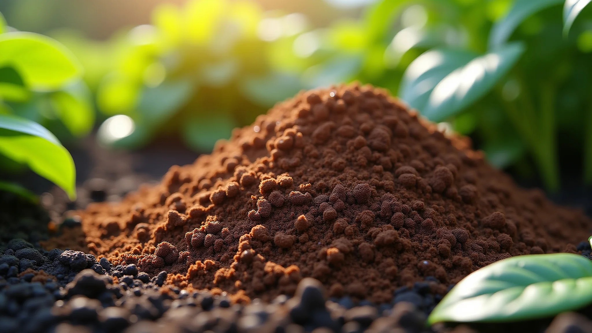 Borra de café sendo utilizada na compostagem em um jardim orgânico.