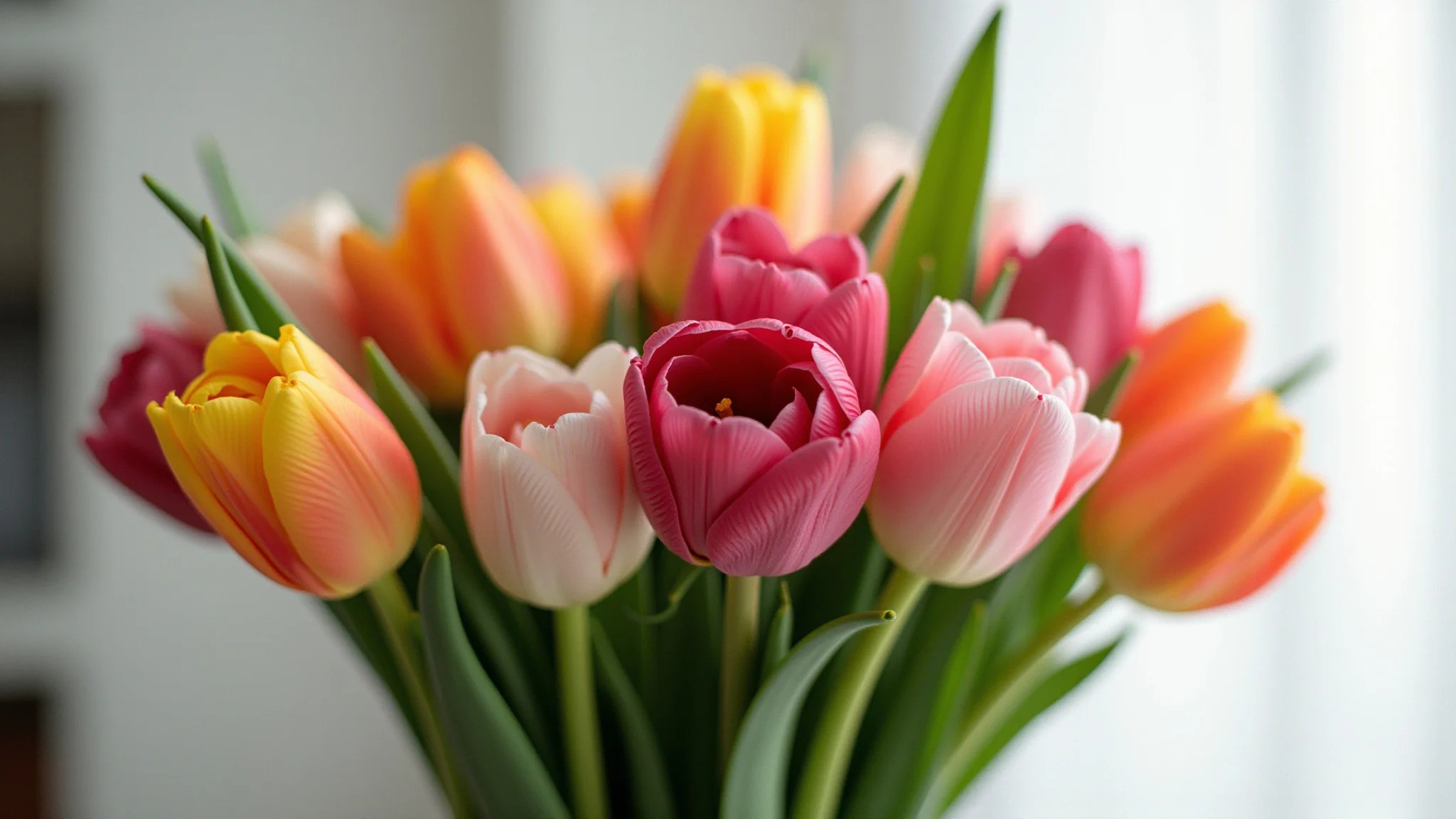 Vários tipos de flores duráveis em um vaso, iluminação natural.