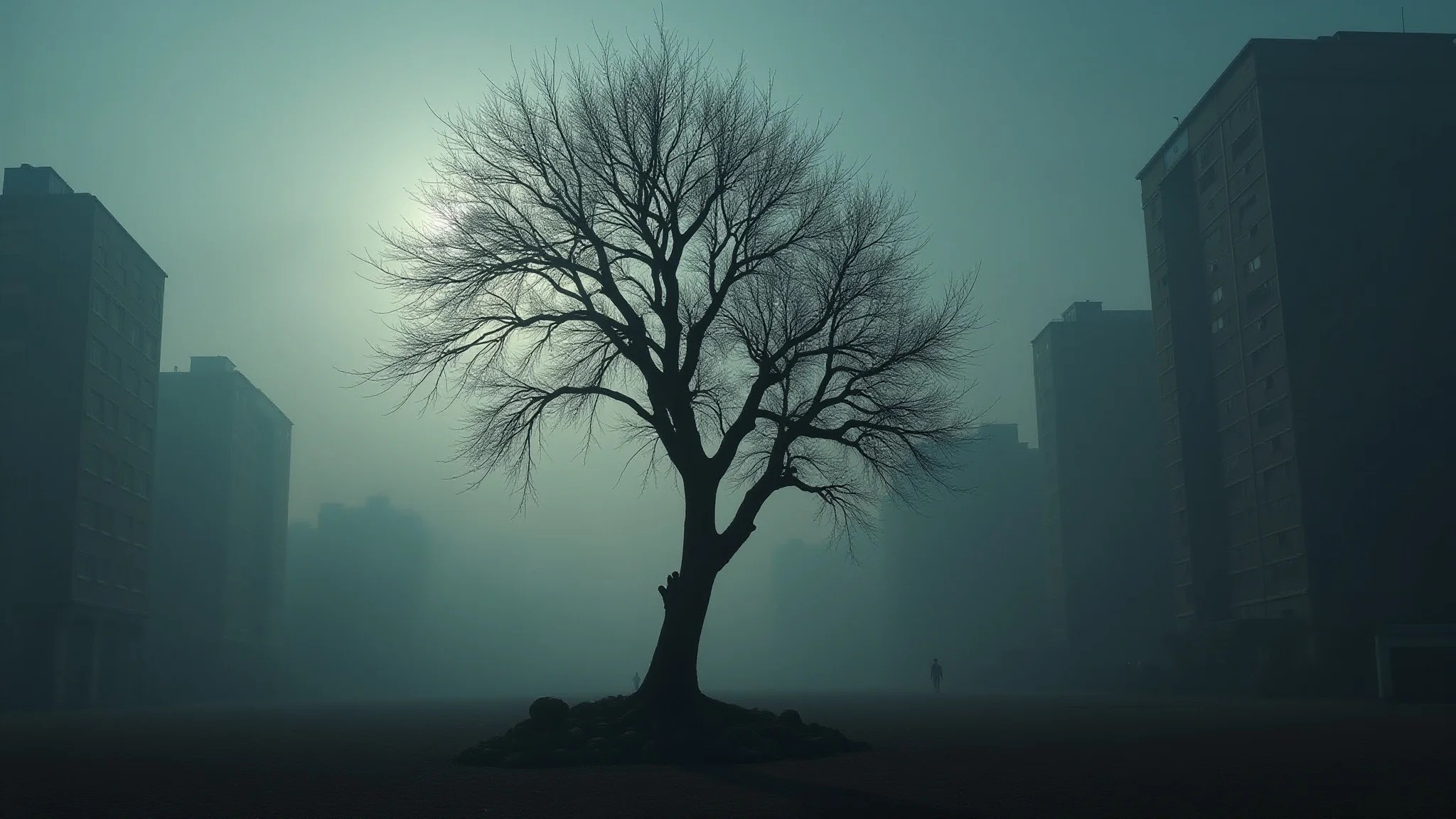 Árvore morrendo em cidade poluída, céu escuro e fumaça, foco no sofrimento da árvore.