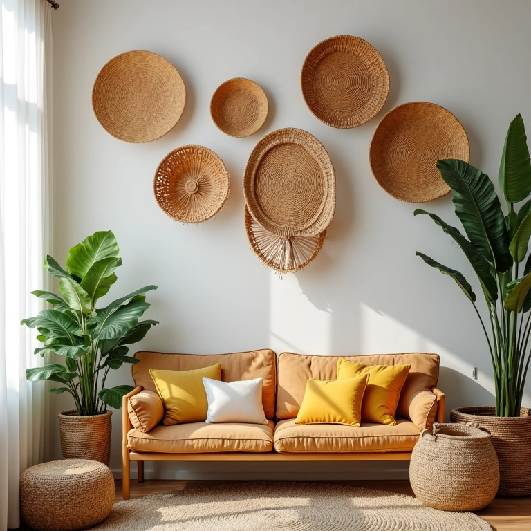 Ideias criativas de decoração com cestos de palha em um lar brasileiro.