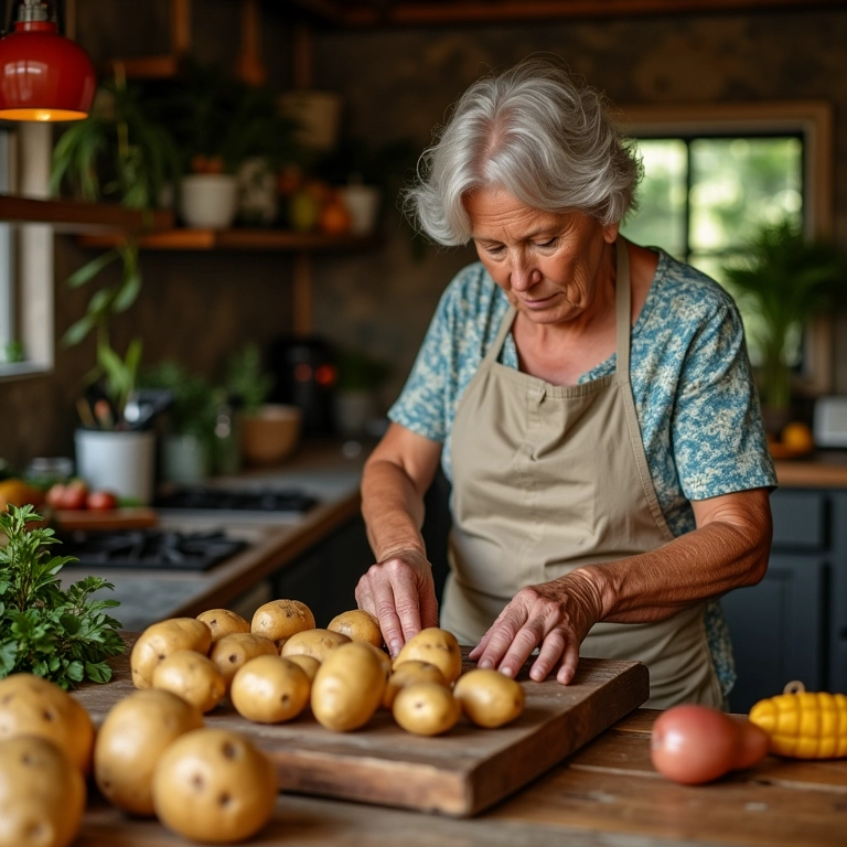 Idosa inspecionando batatas em busca de sinais de esverdeamento em sua cozinha.