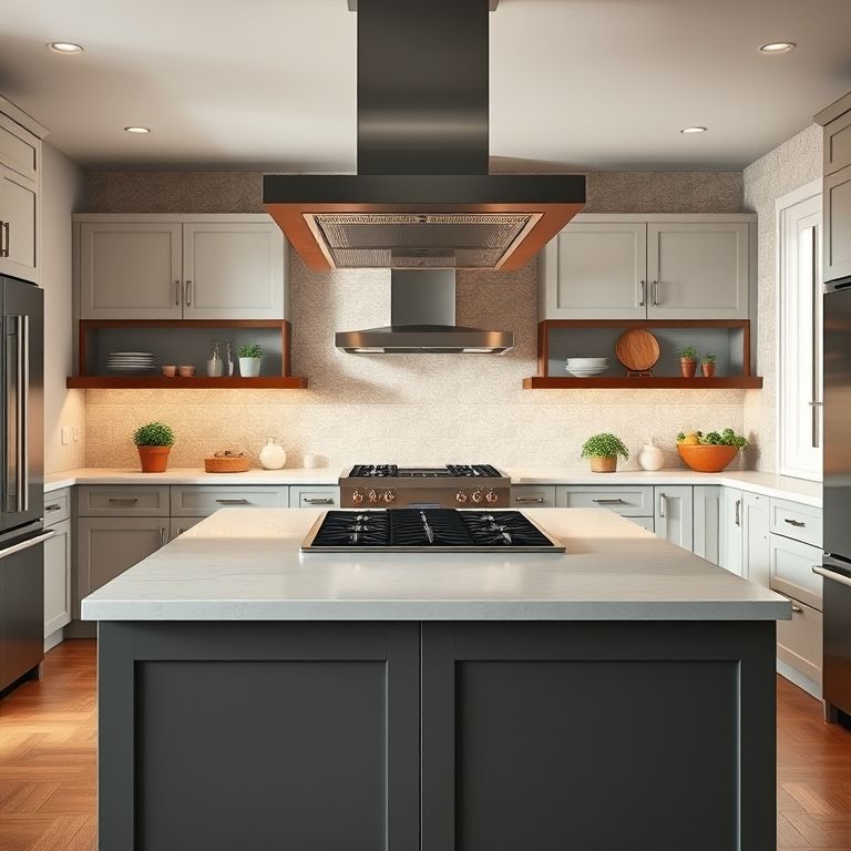 Ilha de cozinha com cooktop e coifa moderna, eletrodomésticos em inox.