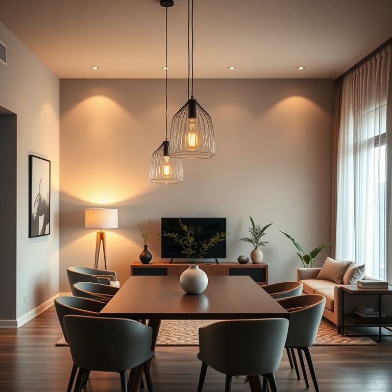 Iluminação estratégica na sala integrada: luminárias pendentes sobre a mesa de jantar e luminária de chão na sala de estar.