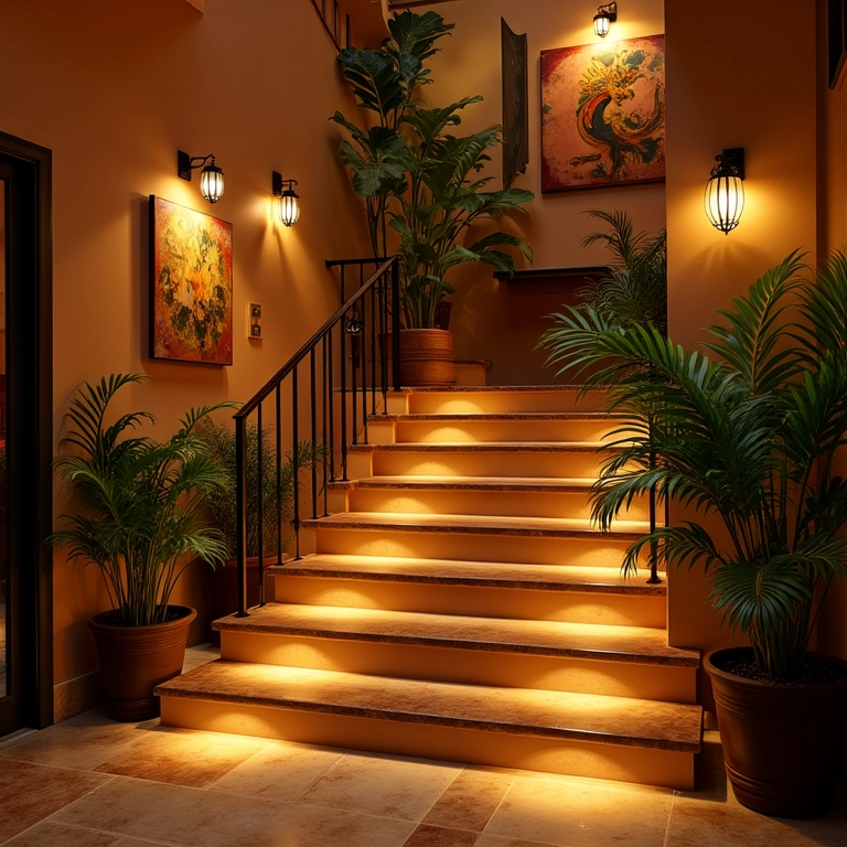 Iluminação estratégica valorizando a decoração da escada.
