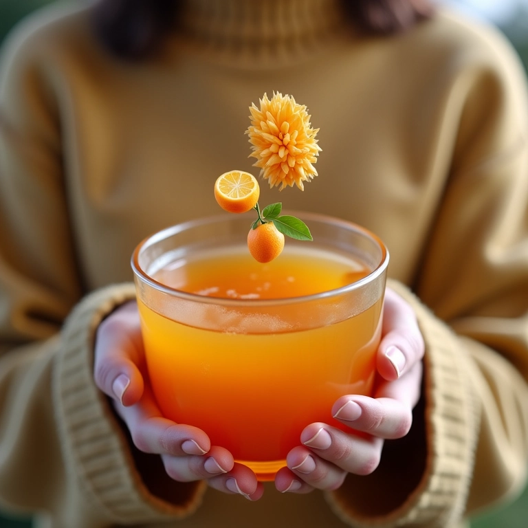 Ilustração de bactérias benéficas do intestino flutuando sobre uma xícara de chá de tamarindo.