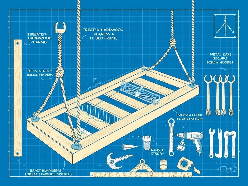 Materiais e ferramentas para construir cama suspensa DIY: madeira, cordas, ganchos, ferramentas.