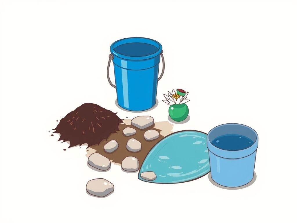 Materiais para montar um mini lago: balde, plantas aquáticas, substrato, pedras e água