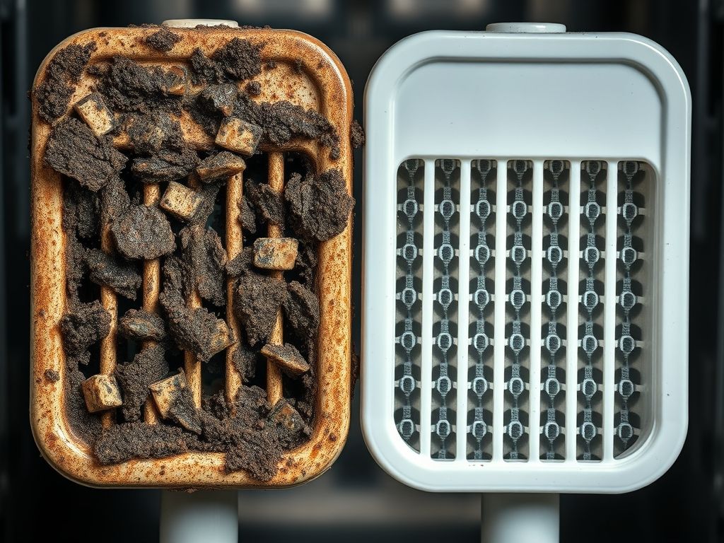Comparação filtro de lava-louças sujo e limpo. Importância da limpeza do filtro da lava-louças