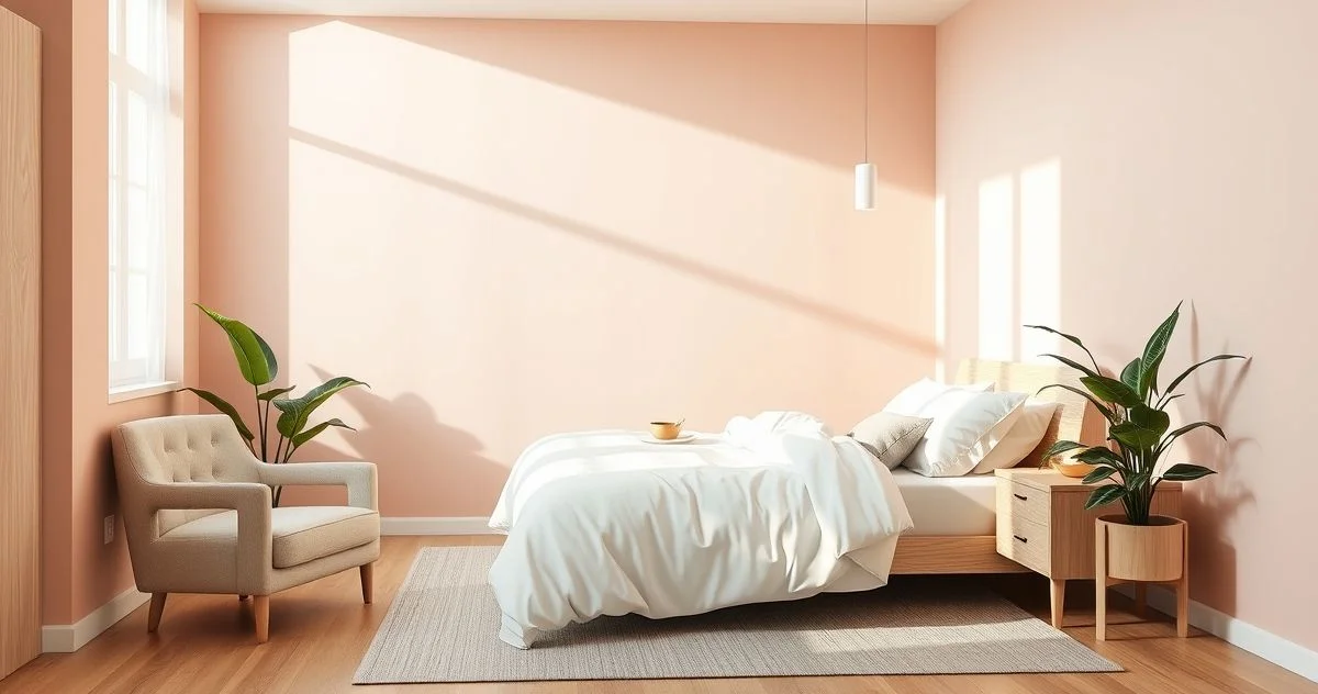 Foto realista de um quarto feminino com paredes em rosa pastel