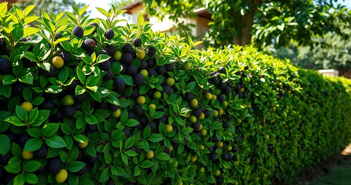 Foto realista e profissional de uma cerca viva densa formada por Amoreiras (Morus nigra) em um ja...