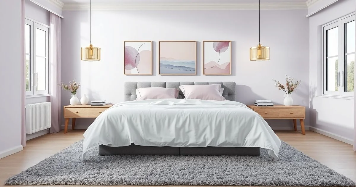 Fotografia realista de um quarto feminino decorado em tons de lilás clarinho
