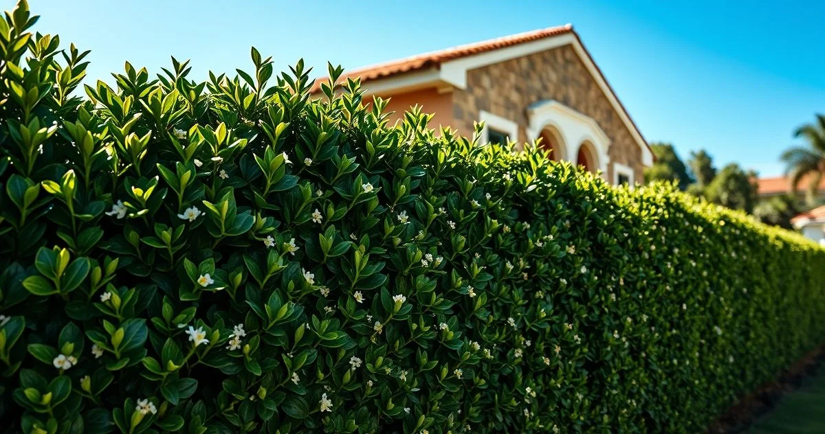 Fotografia realista de uma cerca viva densa de Murta em um jardim brasileiro ensolarado
