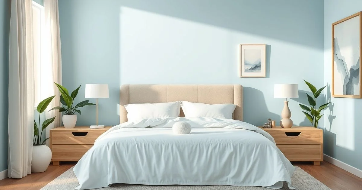 Fotografia realista e profissional de um quarto de casal decorado em tons de azul claro