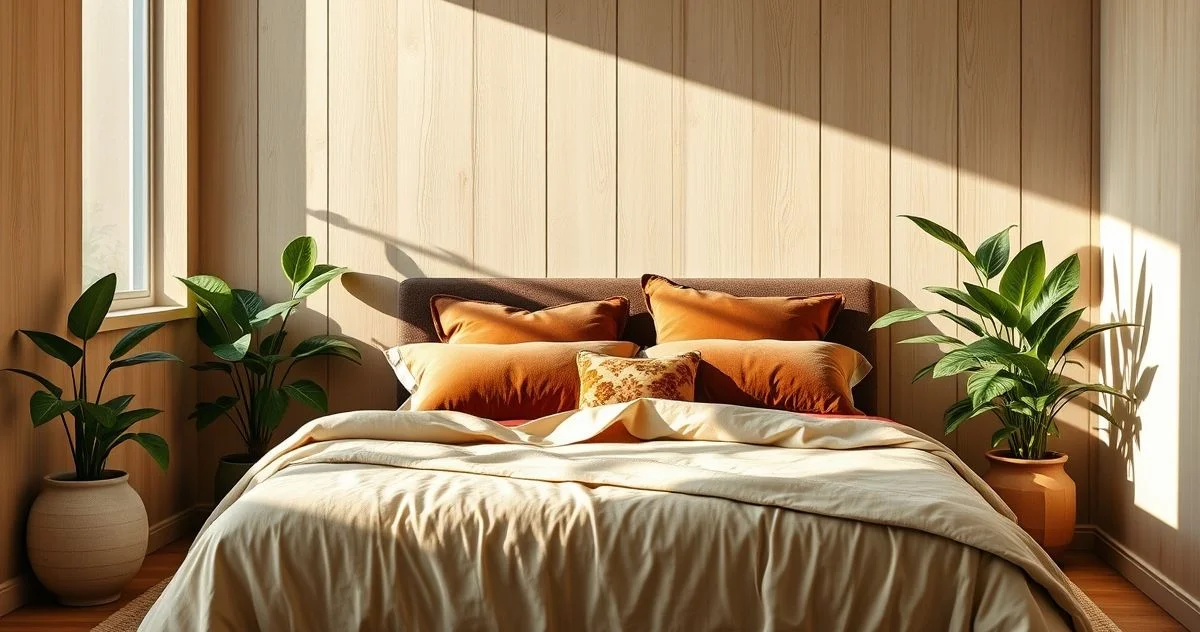 Fotografia realista e profissional de um quarto de casal decorado em tons terrosos