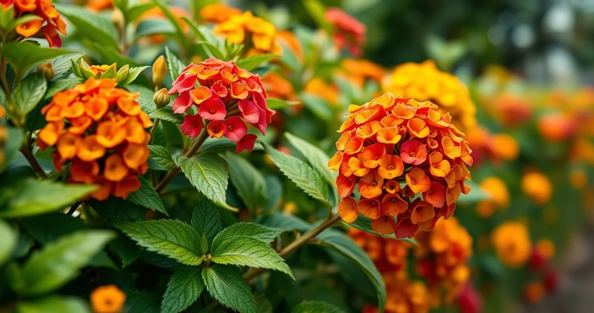 Close-up realista e detalhado de flores de Lantana em uma cerca viva