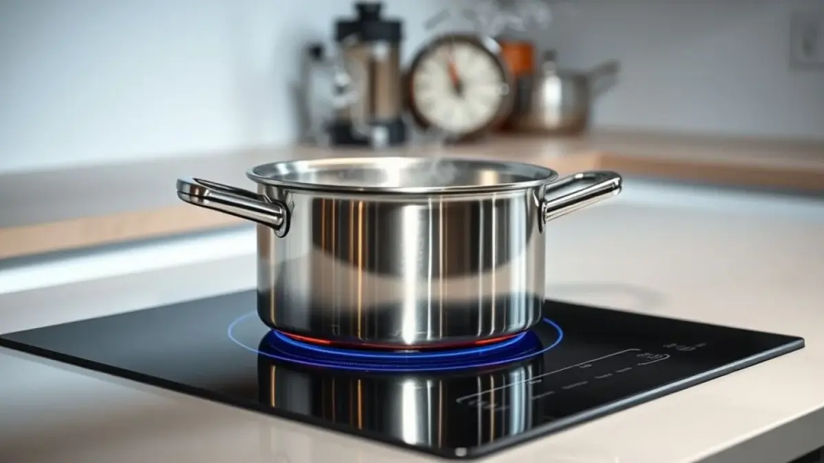 Cooktop por indução aquecendo panela de inox, mostrando a tecnologia e segurança.