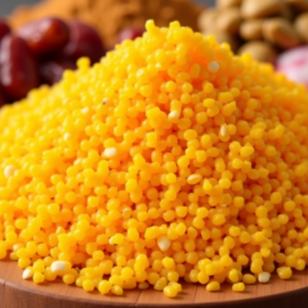 Ingredientes essenciais para um cuscuz marroquino tradicional: sêmola, especiarias, tâmaras, passas e nozes.
