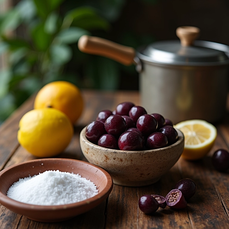 Ingredientes para geleia de jabuticaba: frutas, açúcar, limão e panela.