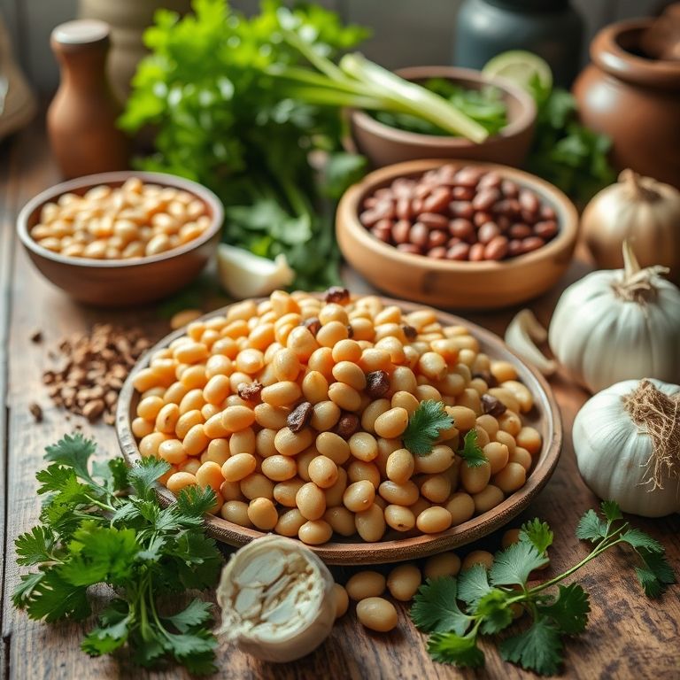 Ingredientes para uma receita simples e saborosa de feijão temperado.