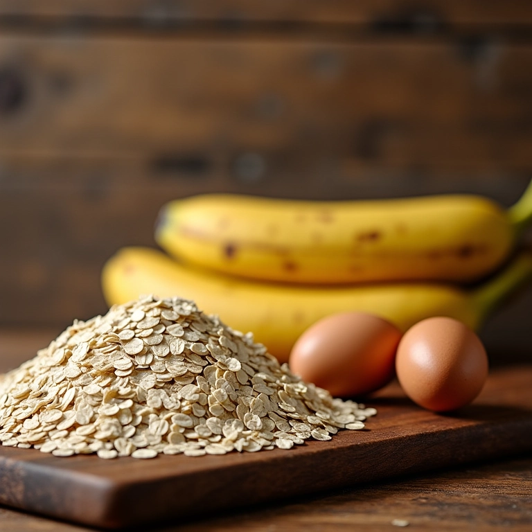 Ingredientes simples para uma deliciosa panqueca de aveia: aveia, ovos e banana.