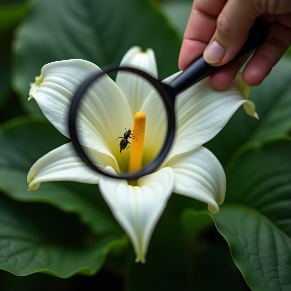 Inspecting peace lily for pests. Close-up on leaf, hand, magnifying glass. Professional Inspecionando lírio da paz em busca de pragas.