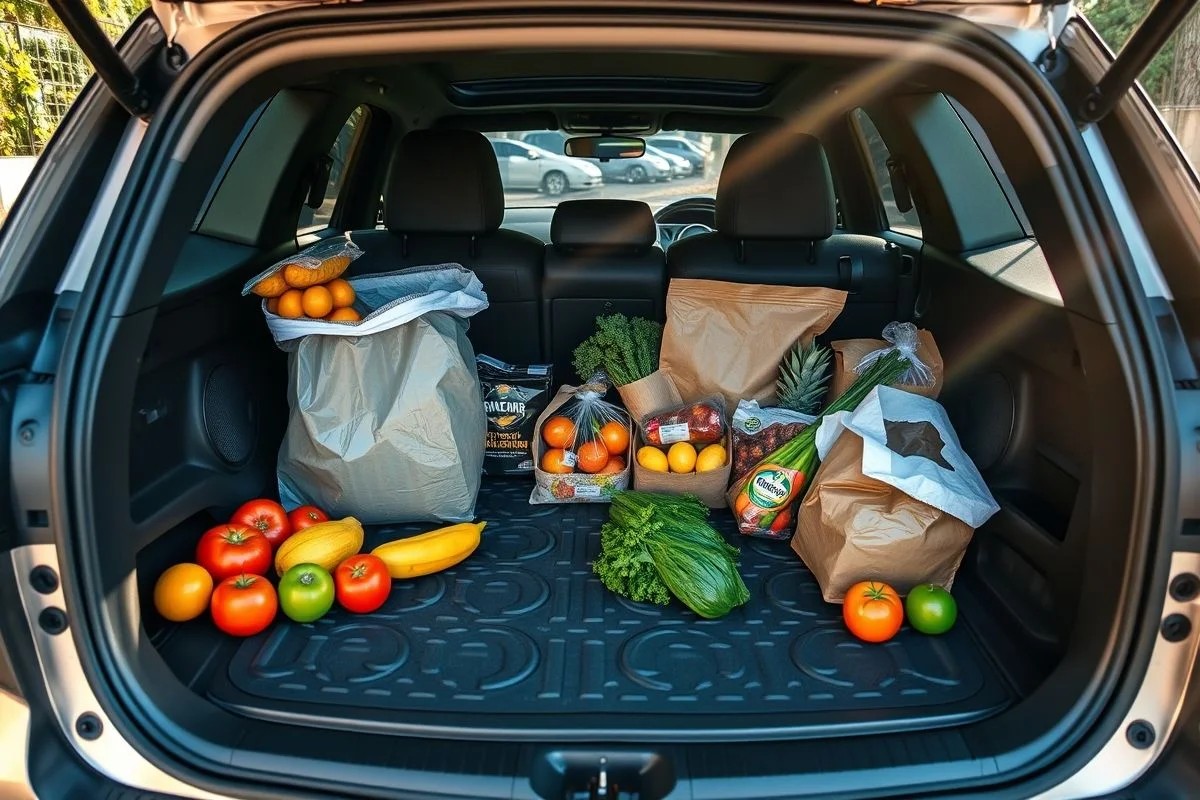 Bandeja de borracha no porta-malas de carro brasileiro com compras de mercado.