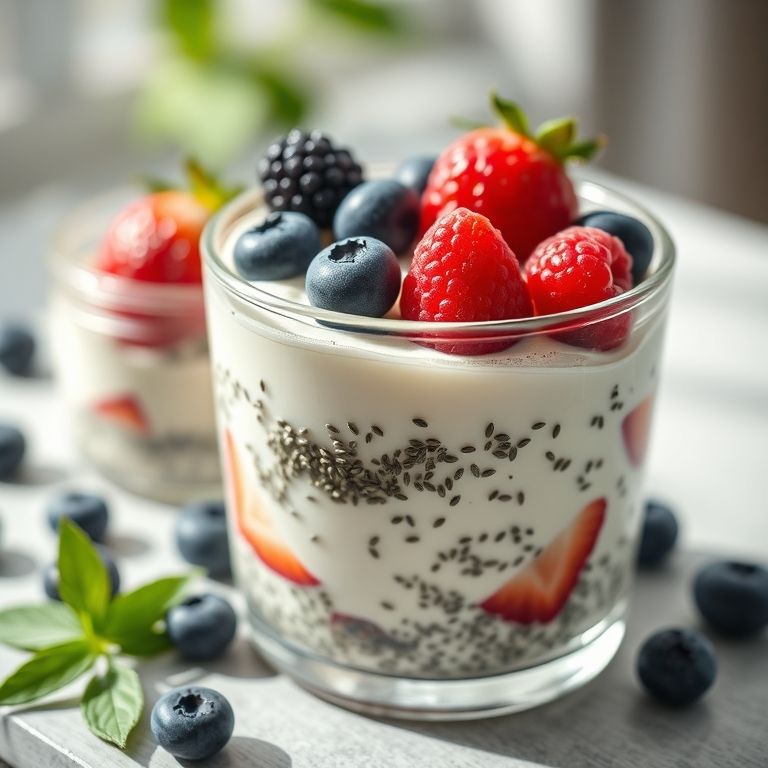 Iogurte com chia e frutas vermelhas.