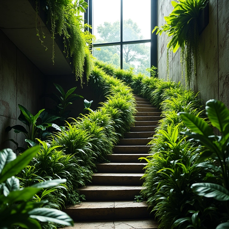 Jardim vertical exuberante na escada com plantas verdejantes.