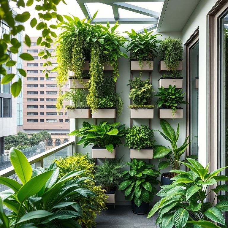 Jardim vertical modular instalado em uma sacada com design moderno.