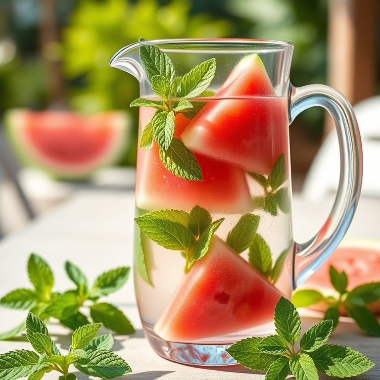 Jarra de água saborizada de melancia e hortelã em ambiente externo ensolarado.