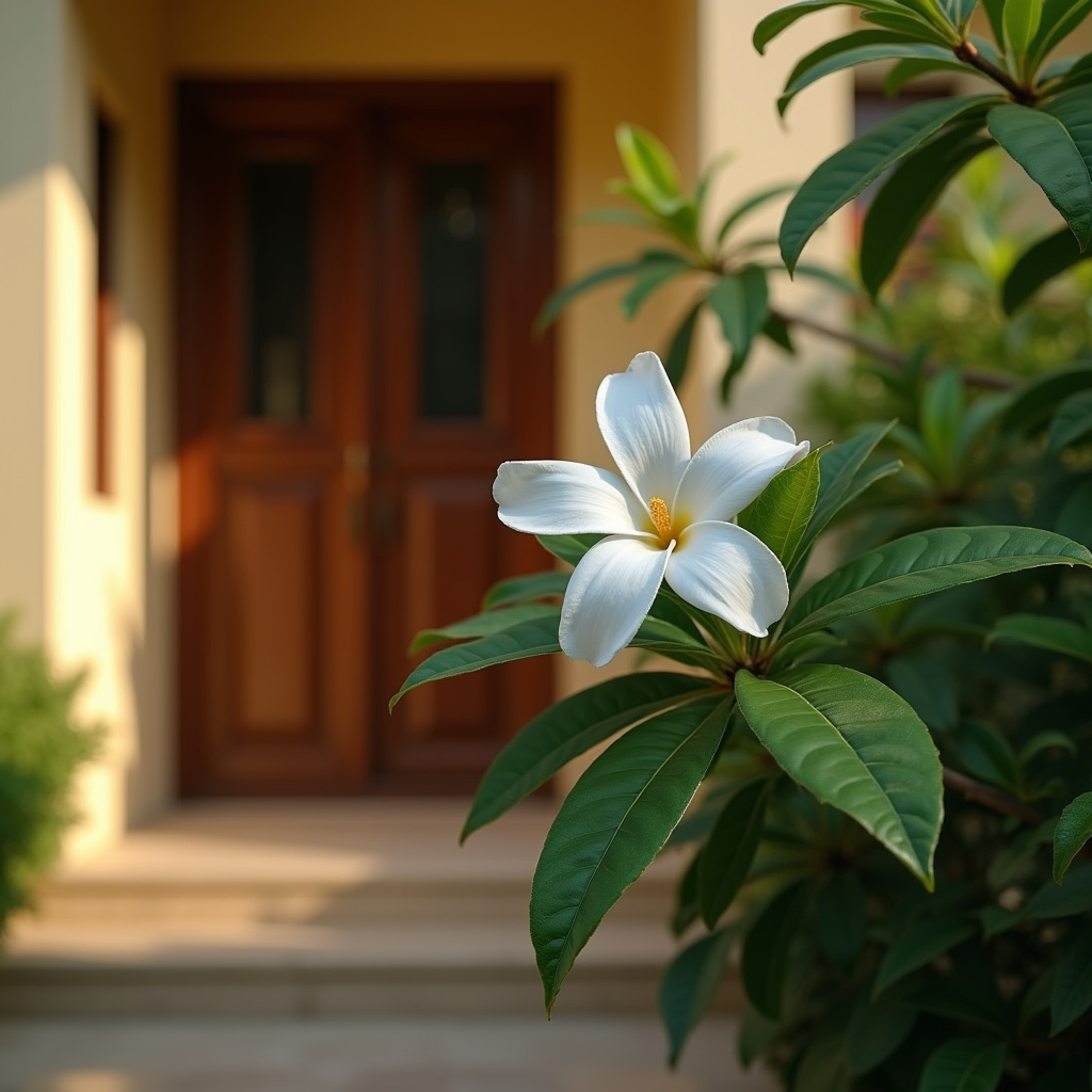 Jasmine plant near a Brazilian home entrance, warm light, professional photography, 8K quality, Jasmim atraindo amor, paz e fortuna para a casa brasileira.