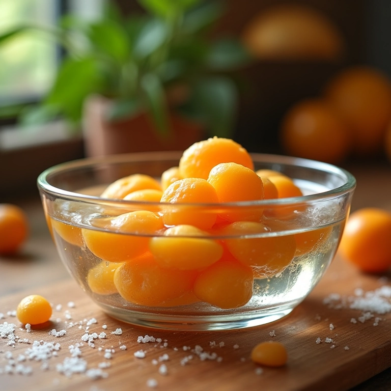 Jilós de molho em água com sal em uma tigela de vidro.