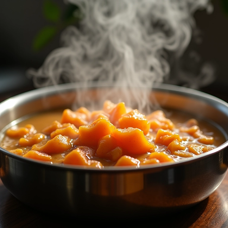 Jilós fervendo em uma panela de aço inoxidável.