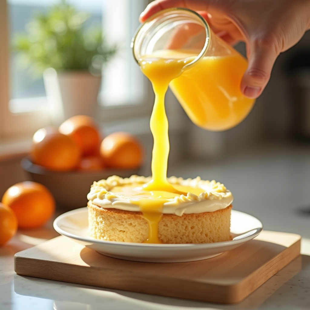 Juice of tangerine being poured into cake batter, bright kitchen, Brazilian sunlight, 8K quality, Substituindo o suco de laranja por tangerina.
