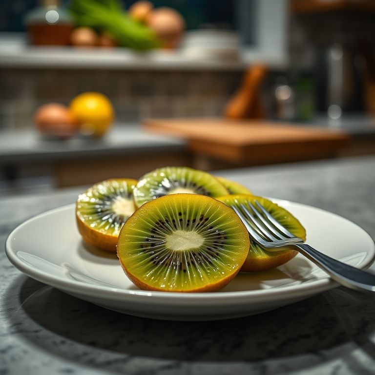 Kiwi fatiado em um prato na cozinha à noite.