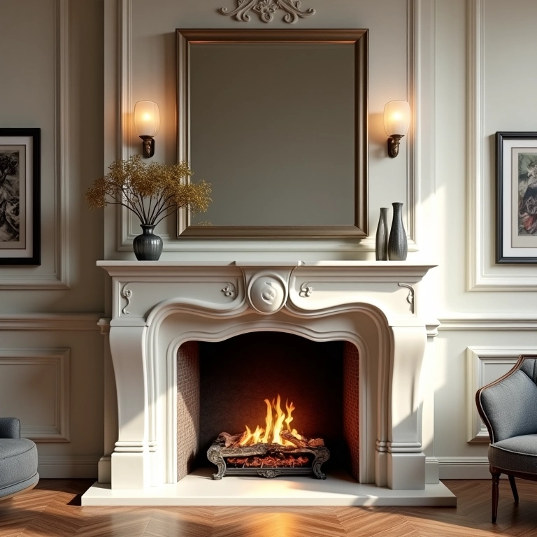 Lareira com espelho e quadros criando profundidade e interesse visual.