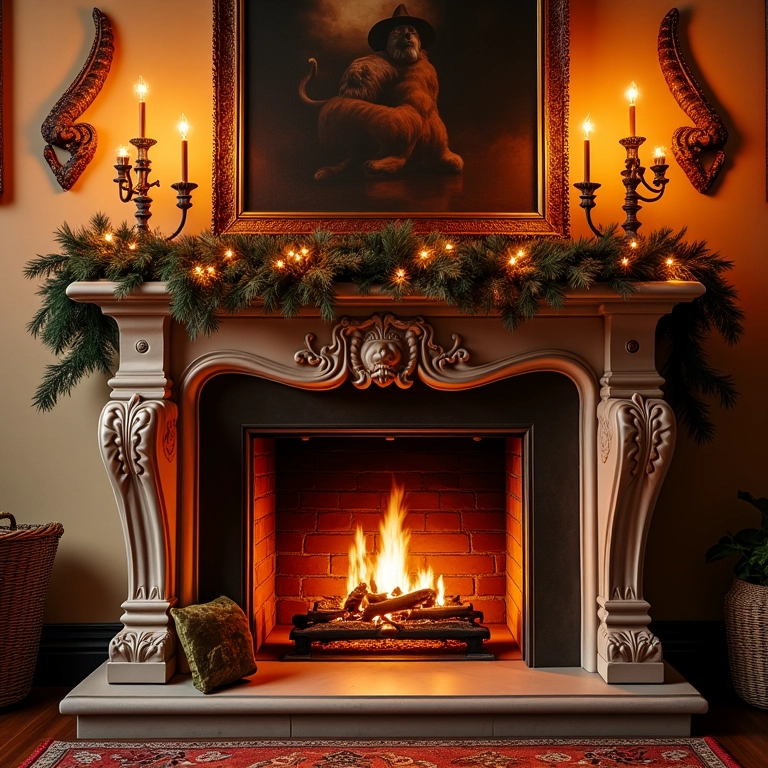 Lareira decorada com guirlanda festiva e festões decorativos.